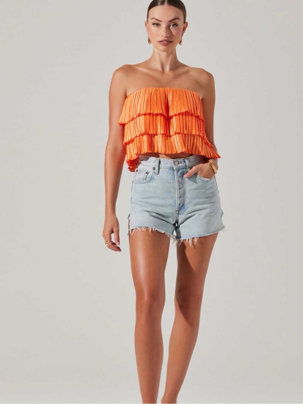 ASTR the Label Orange Pleated Chiffon Tiered CropCamisole S removable straps
